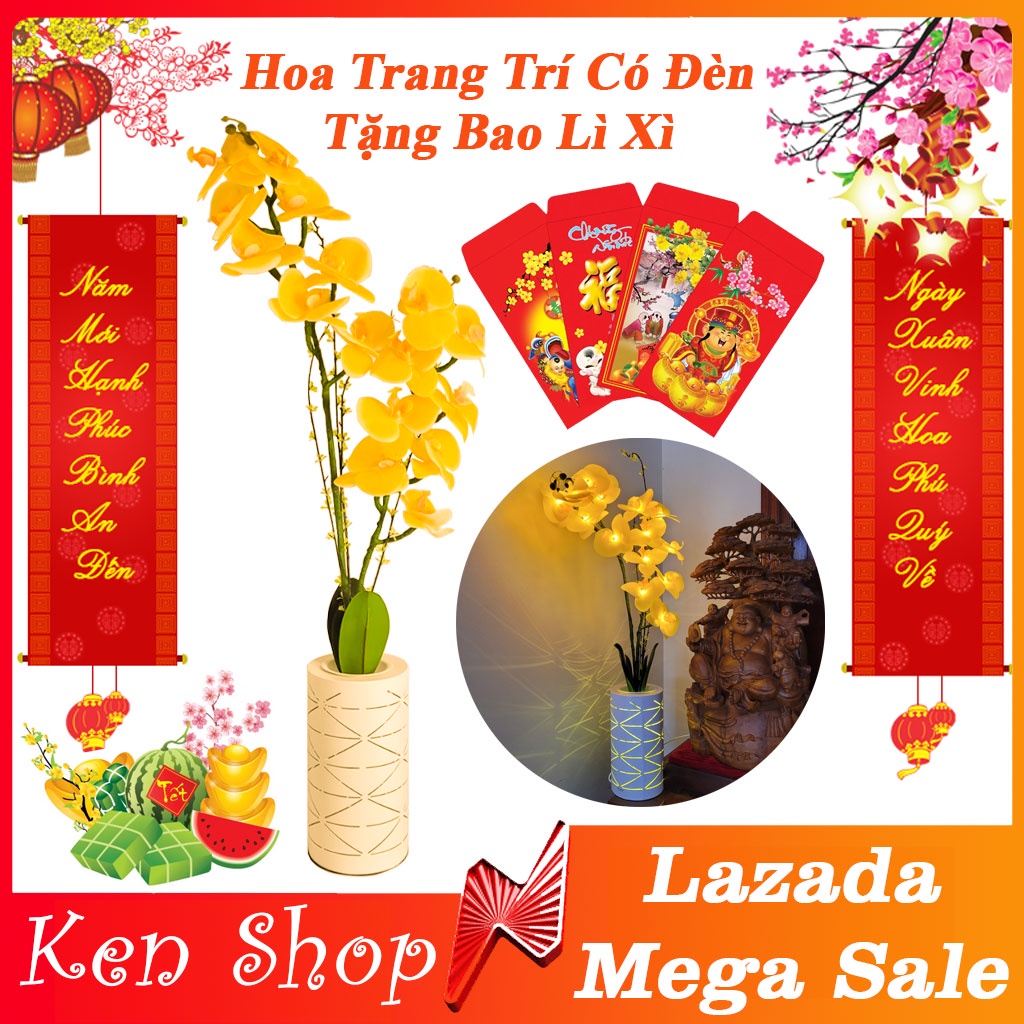 Hoa giả trang trí phòng khách, hoa lan hồ điệp giả có đèn đẹp hơn hoa đào đông đỏ, cành đào đông đỏ, hoa mai vàng giả