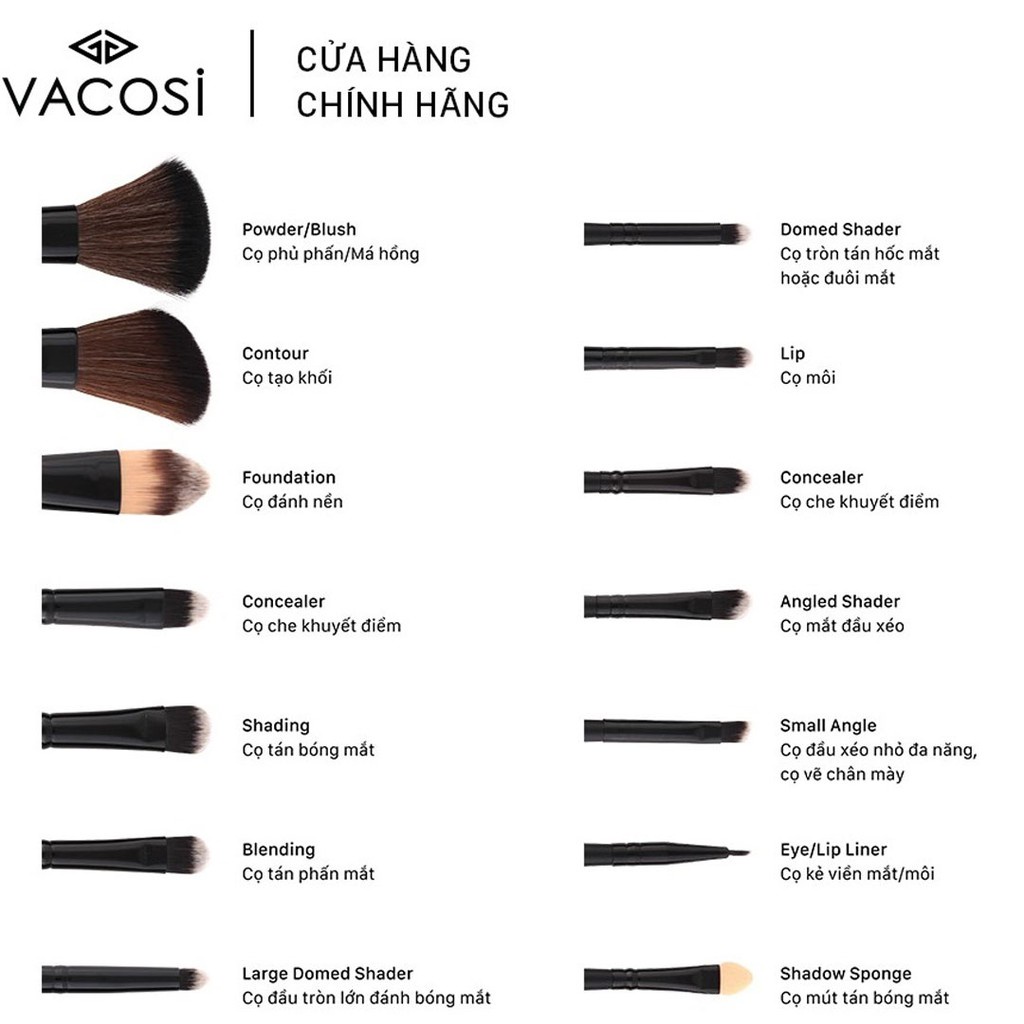 Bộ Cọ Trang Điểm Túi Hồng Vacosi BC09 14 cây
