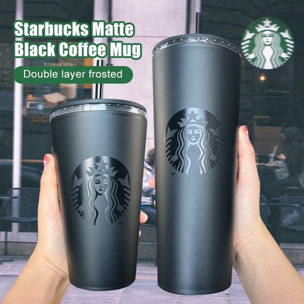 Cốc nước họa tiết logo Starbucks hai lớp màu đen nhám có ống hút