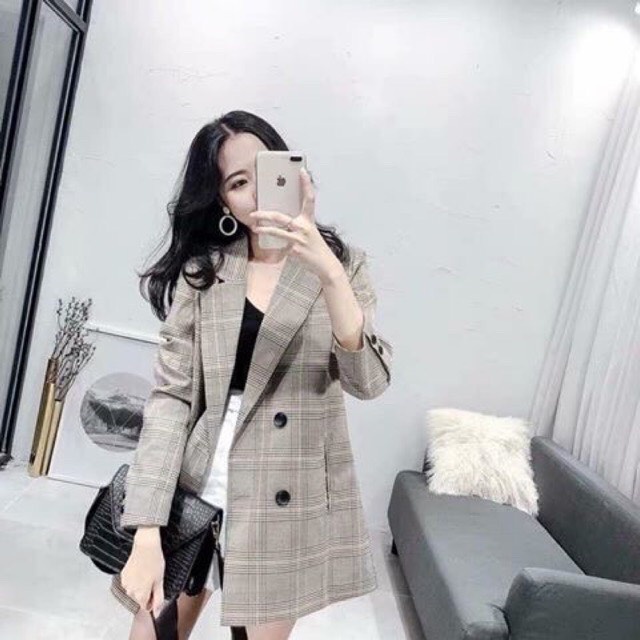 Áo blazer nữ có size thiết kế túi đứng Áo khoác nữ Hàn Quốc kẻ nâu Miumiin Clothes