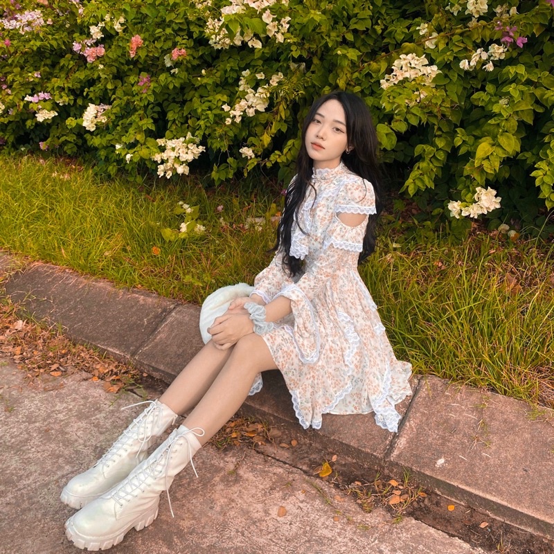 đầm hoa tay loe ren Liti