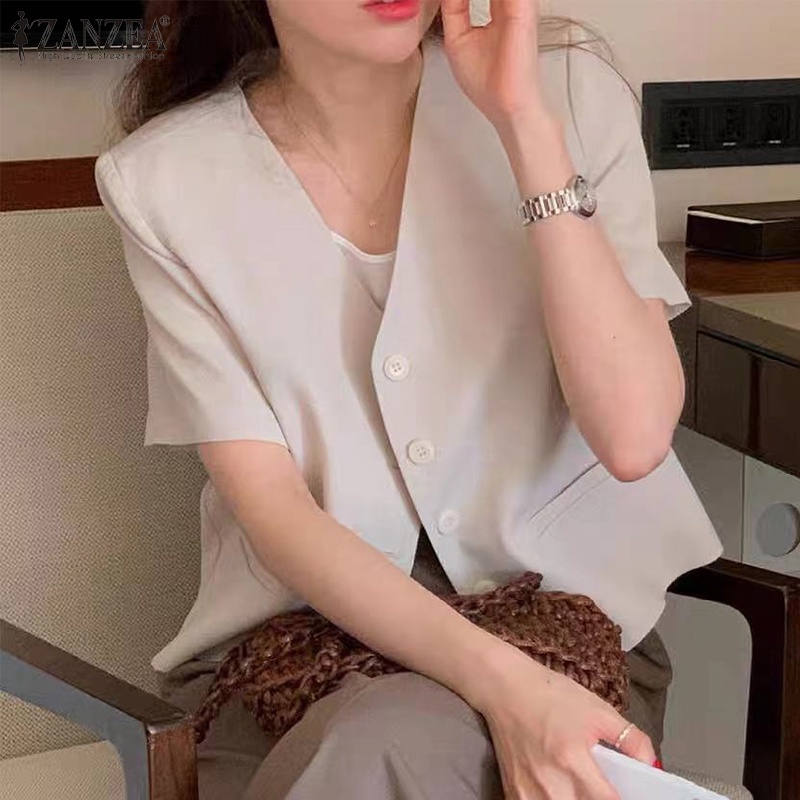 Áo khoác blazer ZANZEA ngắn tay cổ v cài nút thời trang Hàn Quốc cho nữ