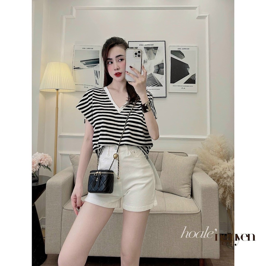 Áo thun nữ cổ tim chất cotton thoáng mát áo phông nữ cộc tay form rộng dài thời trang Banamo Fashion 312