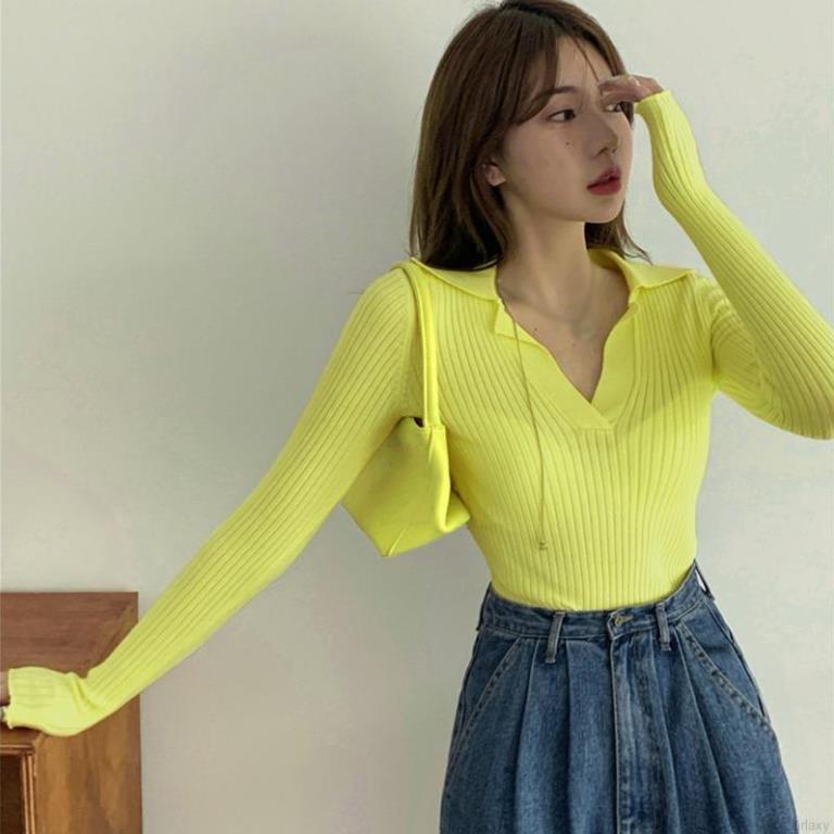 Áo Thun Dệt Kim Tay Dài Cổ Bẻ Màu Trơn Phong Cách Hàn Quốc Thời Trang Sành Điệu ་