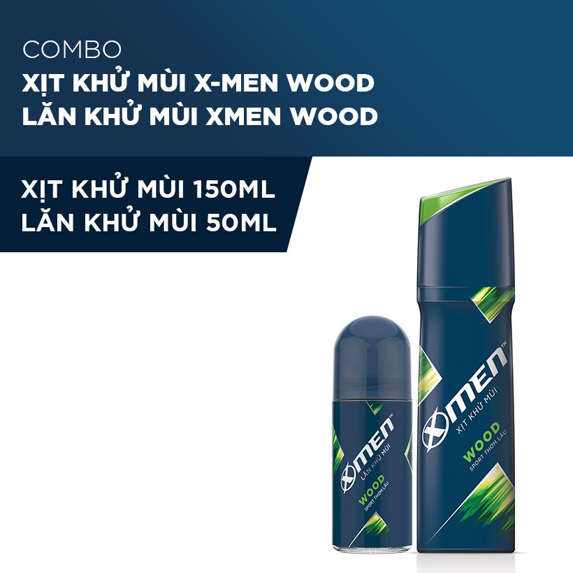 Combo Xịt khử mùi X-men Wood 150ml và Lăn khử mùi Xmen Wood 50ml - X-Men đẳng cấp phái mạnh