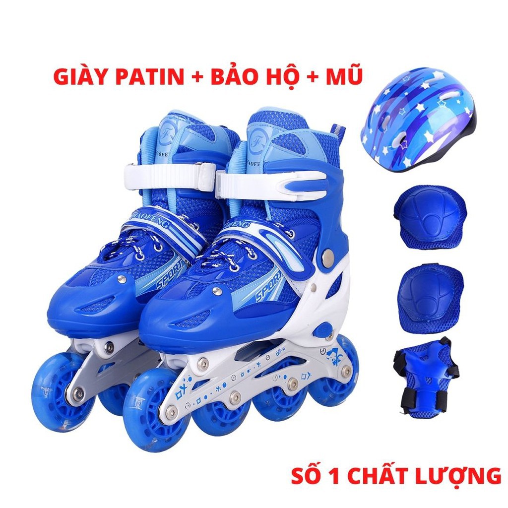 (ẢNH THẬT)-Giày Trượt Patin Trẻ Em 4 Bánh Dọc - Giày Trượt Patin Thể Thao Cao Cấp + Bộ Bảo Hộ Toàn Diện (Chân, Tay, Mũ)