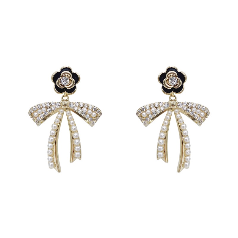 Bông Tai Hình Nơ Đính Ngọc Trai Màu Đen Phong Cách Hàn Quốc Dành Cho Nữ