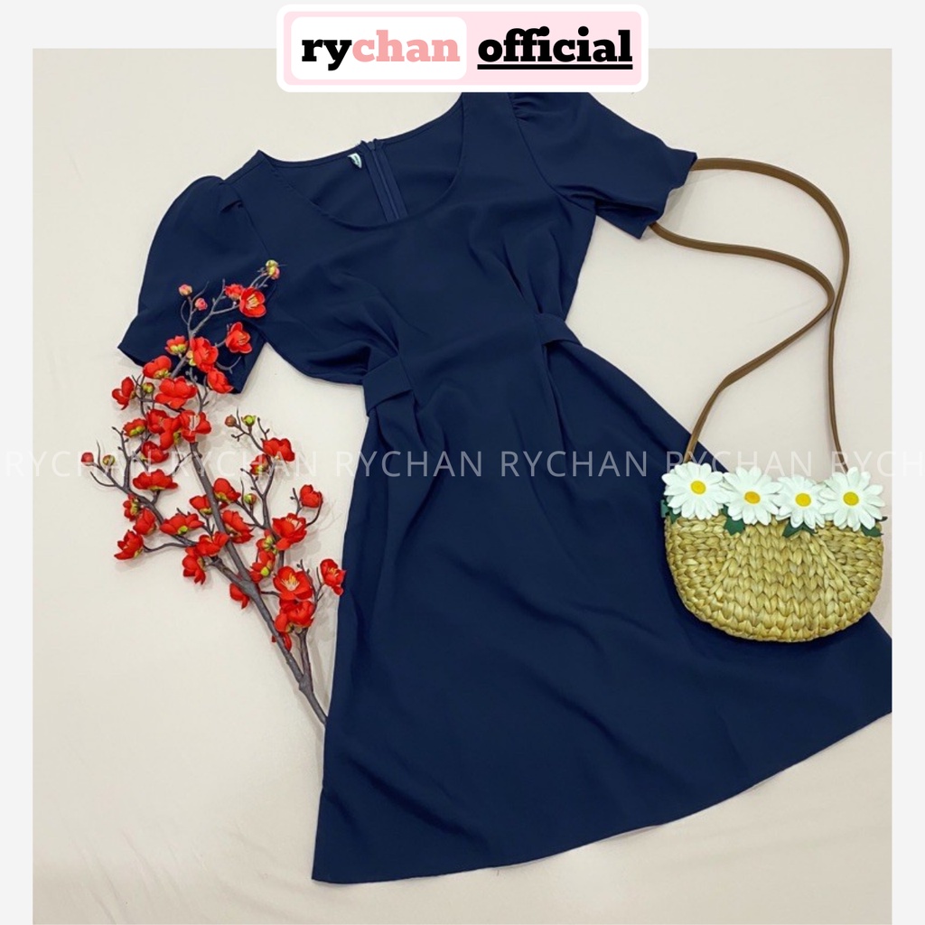 Đầm Nữ Dự Tiệc Sang Trọng Cổ Tròn Tay Phồng Thắt Eo Nơ Sau Màu Xanh Đen Cực Tôn Da [ẢNH THẬT CUỐI] - DX9928