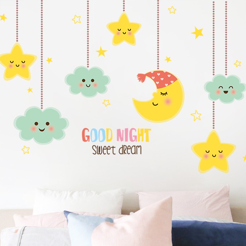 Decal trang trí phòng ngủ cho bé dán tường chúc bé ngủ ngon kích thước 113x78cm