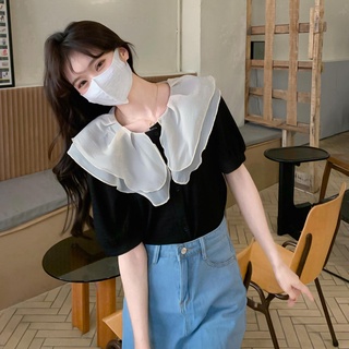 Áo sơ mi ren tay ngắn hai lớp cổ búp bê 49827