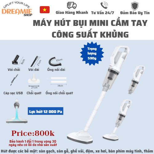 Máy hút bụi cầm tay Mini Dreamie nhỏ gọn công suất khủng lực hút 12 000 Pa