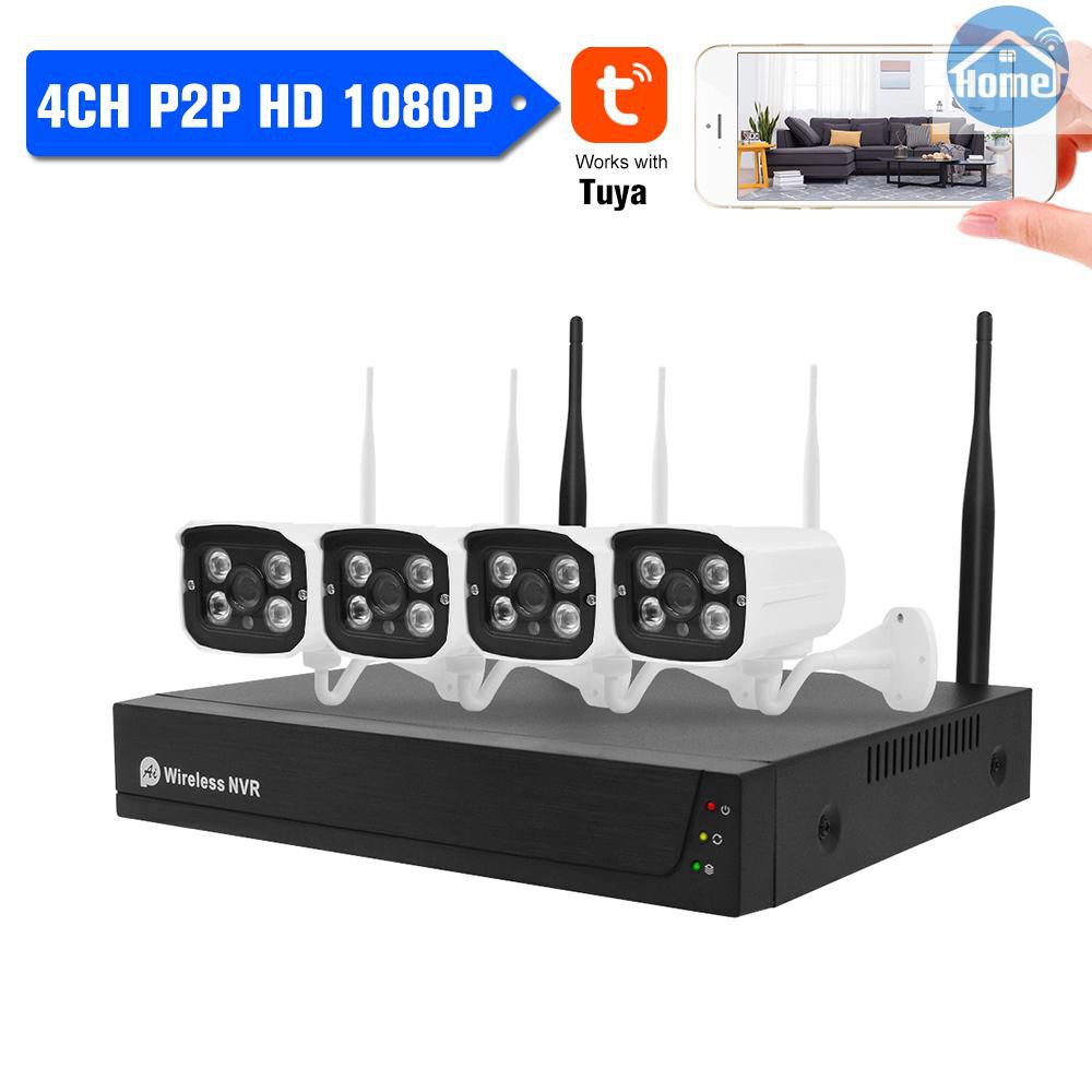 4CH 1080P HD WiFi NVR Kit with 4pcs 1080P 2.0MP Wireless WiFi Waterproof Outdoor Bullet IP Camera Support P2P Onvif IR-CUT Night Vision Tuya Phone APP Control Motion Detection for CCTV Security Surveillance System