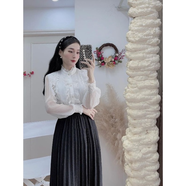 Áo Sơ Mi Nữ Ms.0261 Áo Thiết Kế Cổ Tàu Phối Vèo, Dáng Suông Tay Dài Chất Tơ Nhũ Hai Lớp Sang Chảnh