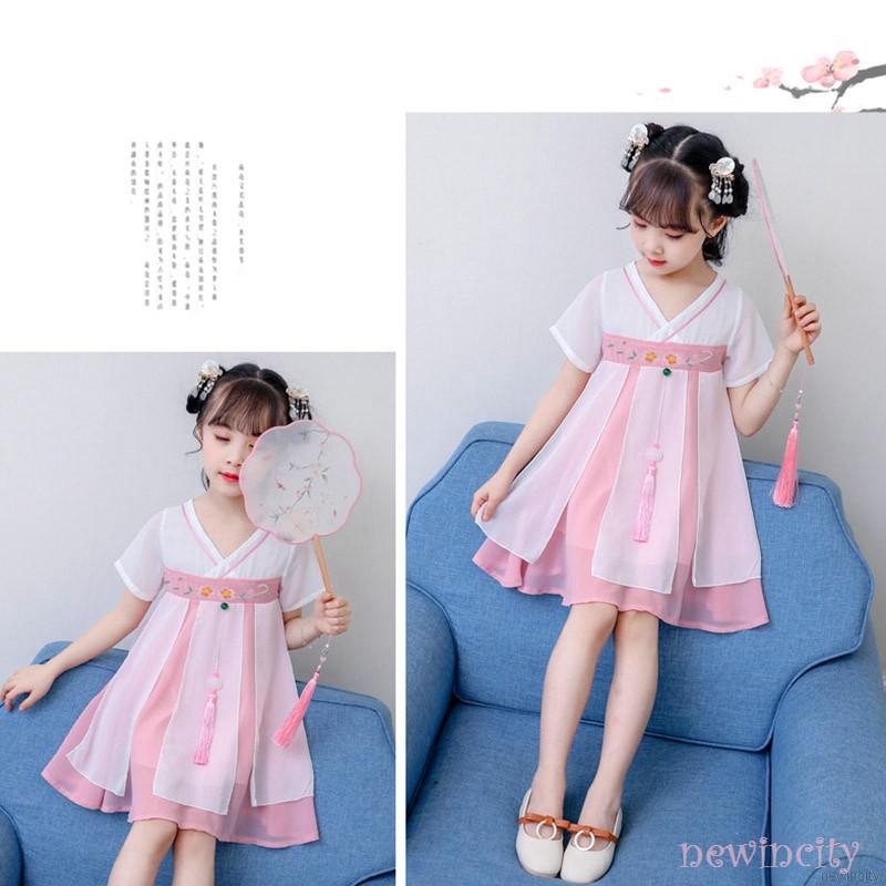 Đầm tay ngắn hoạ tiết hoa thêu phong cách Trung Quốc cho bé gái