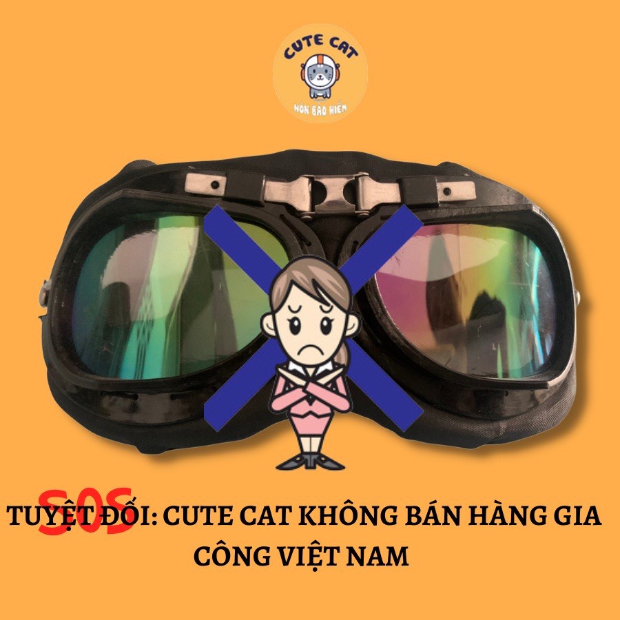 Nón Bảo Hiểm Nửa Đầu Kính Phi Công Màu Be Kèm Phụ Kiện Tai Mèo, Phụ Kiện Mắt Ếch Dễ Thương, Mũ bảo Hiểm 1/2 Đầu CUTE CAT