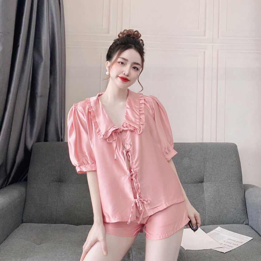 Đồ bộ lụa lụa mặc nhà quần đùi tay cộc TUTA bộ ngủ tiểu thư dễ thương chất satin cao cấp mềm mượt thoáng mát - dn036 | BigBuy360 - bigbuy360.vn