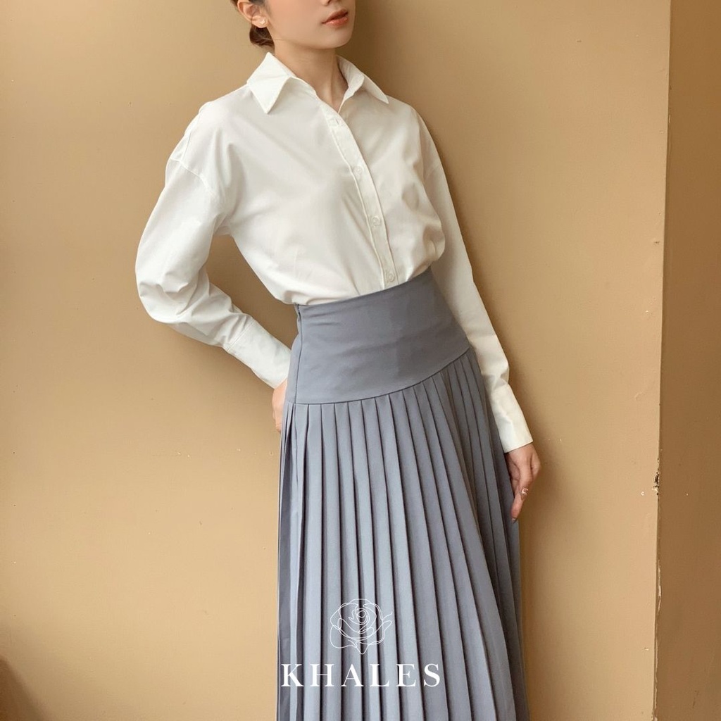 Chân váy xếp ly midi KHALES vải tuyết mưa loại xếp nhỏ 3 màu xám, nâu và đen