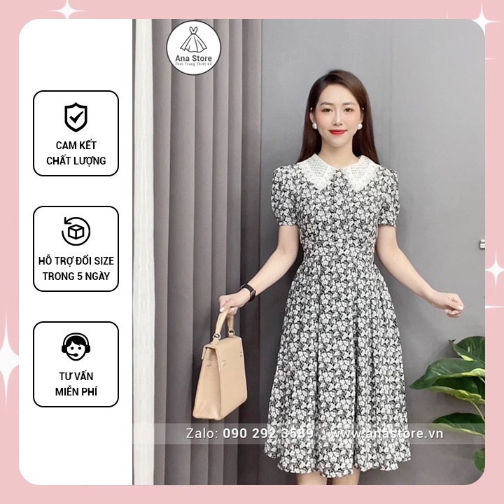Đầm công sở thiết kế ANA STORE D817 lụa Nhật đen hoa trắng