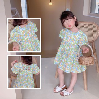 Váy xòe thắt nơ lưng họa tiết xanh mát bé gái 2-6 tuổi