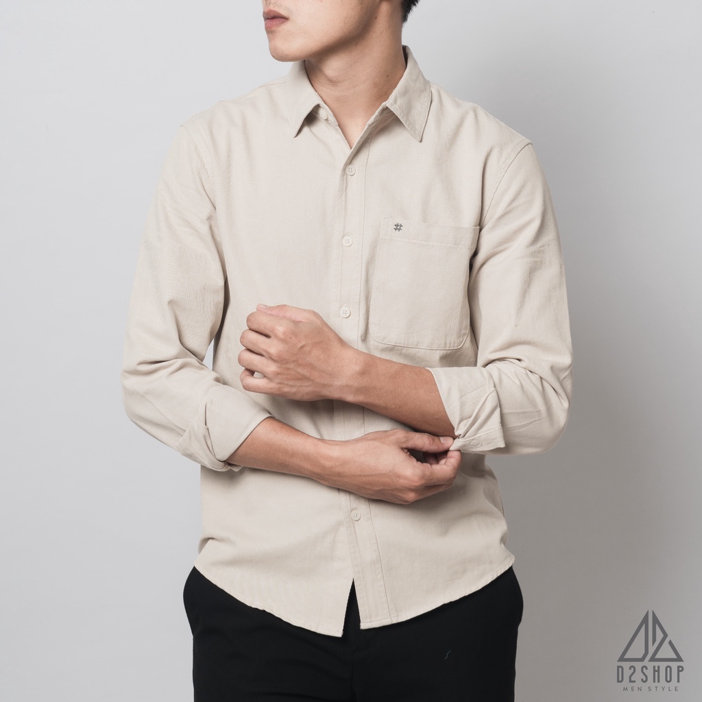 Áo sơ mi nam D2shop, áo sơ mi nam dài tay, vải xéo dày, đắp túi #, màu ivory