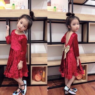 Váy nhung thắt nơ công chúa cho bé gái V0045
