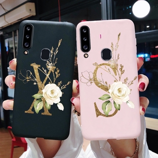 Ốp điện thoại dẻo nhám chống sốc đen họa tiết chữ cái và bông hoa đáng yêu bảo vệ cho Samsung Galaxy A20S SM-A207F