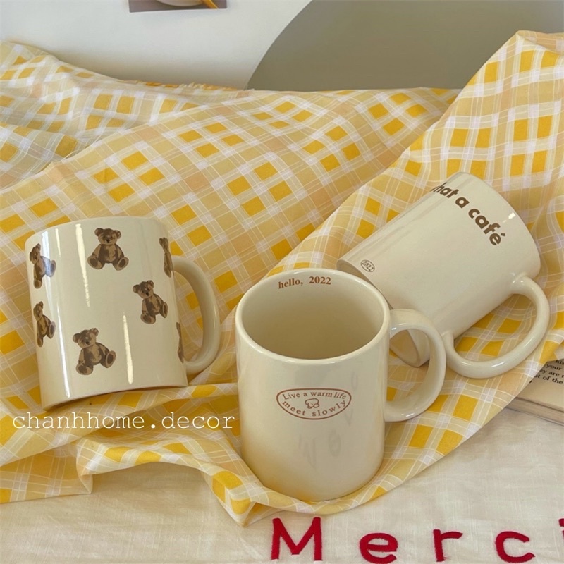 Cốc sứ hoạ tiết chữ gấu dễ thương 300ml có tay cầm chịu nhiệt dùng uống nước, cà phê Chanhhome.decor