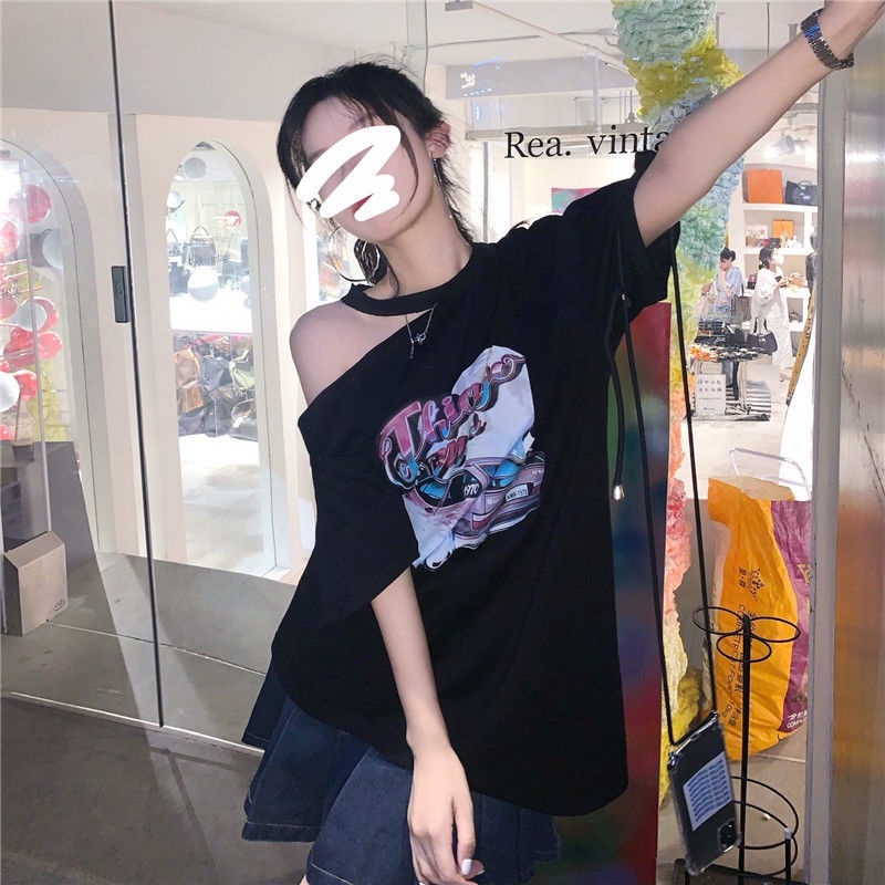 Áo Thun COZOK Tay Ngắn Dáng Rộng Trễ Vai In Họa Tiết Kiểu retro Cá Tính