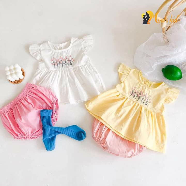 Set bộ bé gái thêu ngực chất Linen cực mềm