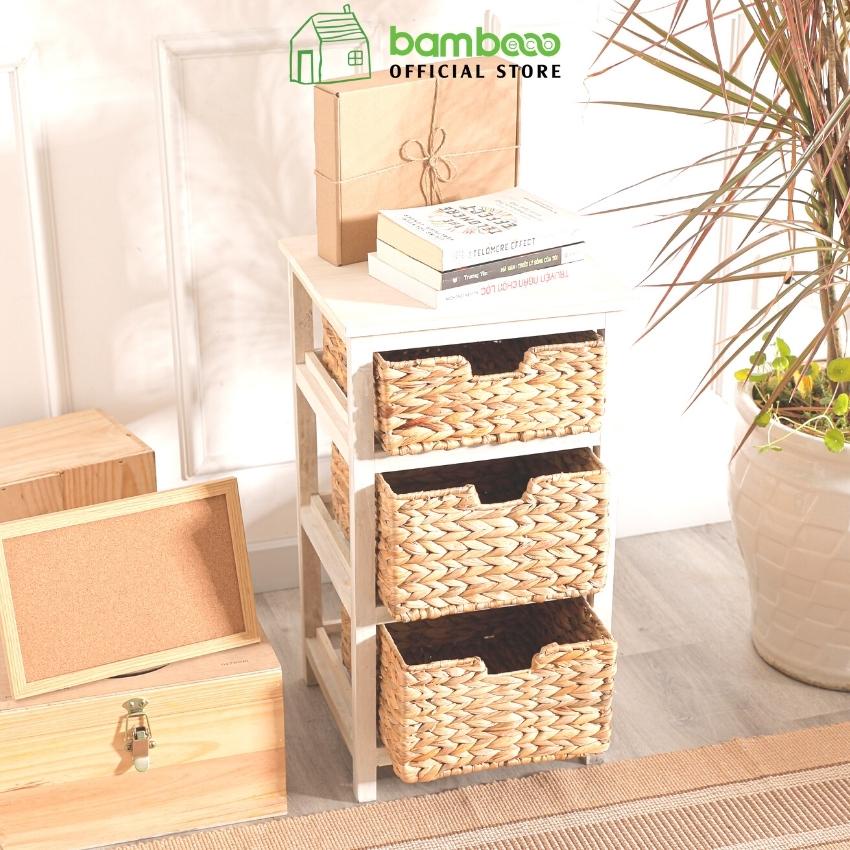 Kệ gỗ trắng 3 tầng kèm giỏ lục bình BAMBOOO ECO trang trí nhà cửa phong cách Nhật Bản