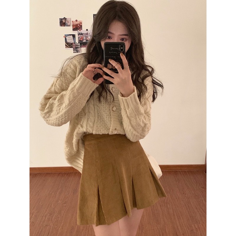(Sẵn nâu S/Video tự quay) Chân váy nhung tăm chữ A xếp ly ẩn [Yannie] | BigBuy360 - bigbuy360.vn