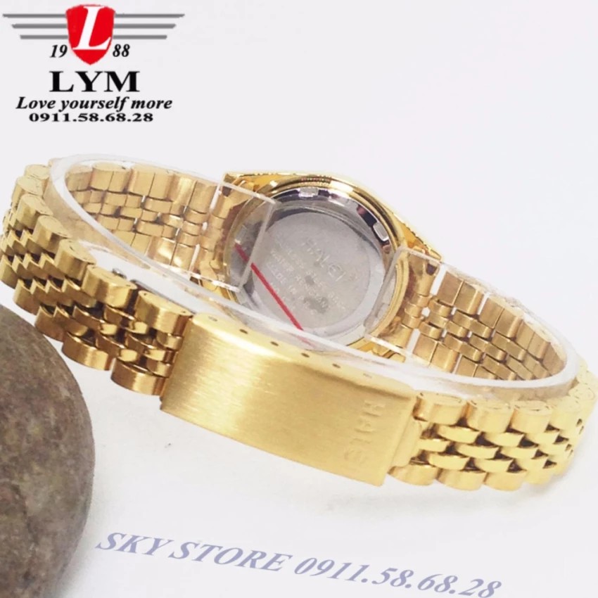 Đồng hồ đôi nam nữ dây thép mạ vàng cao cấp thời trang HALEI 356M (vàng)