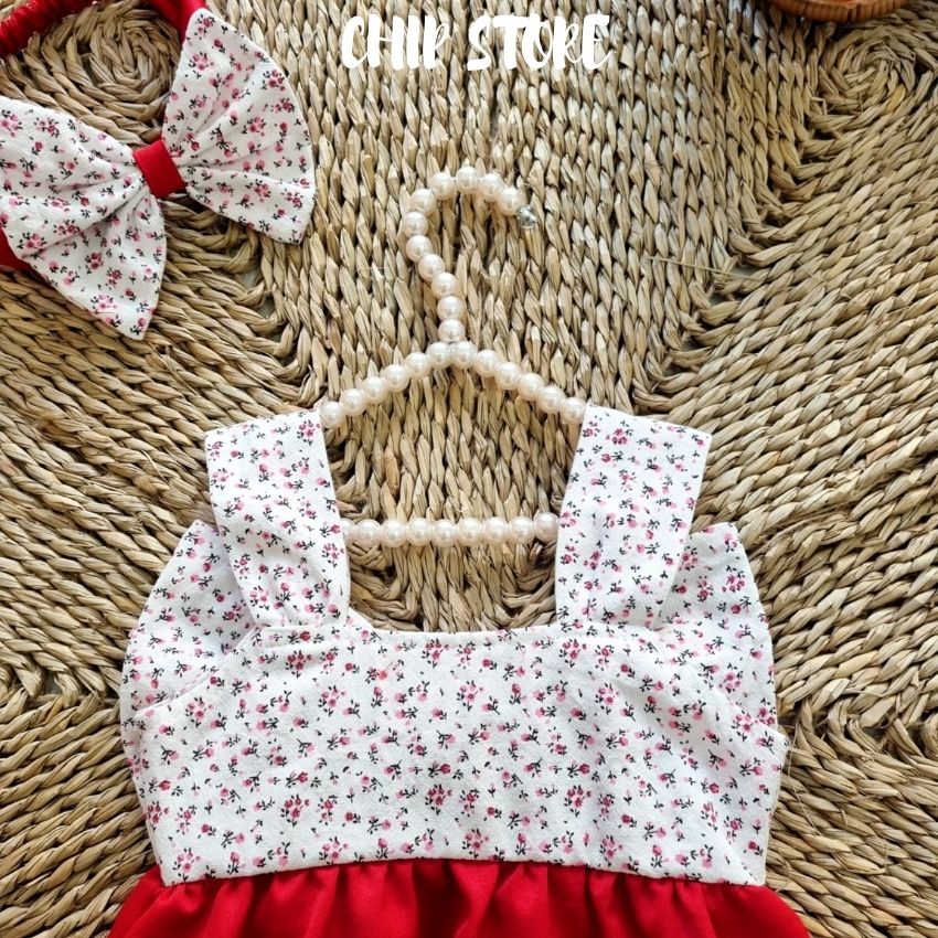 Body bé gái màu đỏ 2 dây phối nơ hoa to trước ngực sang chảnh cho bé sơ sinh - 1 tuổi CHIP STORE
