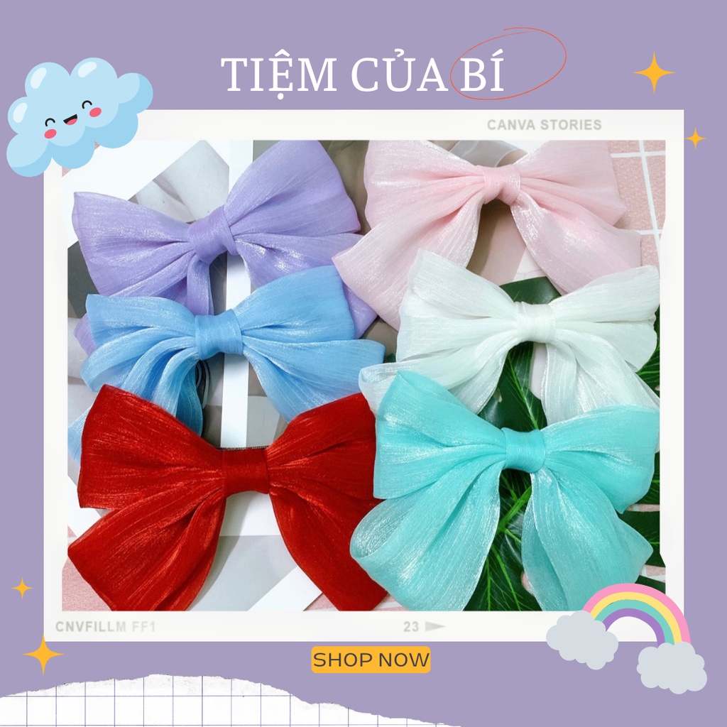 Kẹp tóc nơ bản to vải tơ óng ánh lấp lánh Hàn quốc xinh xắn