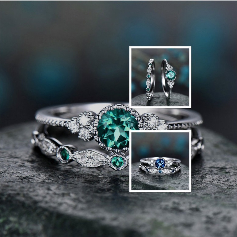 Bộ 2 Nhẫn Cưới Thời Trang Đính Ngọc Lục Bảo Kích Cỡ 6-10