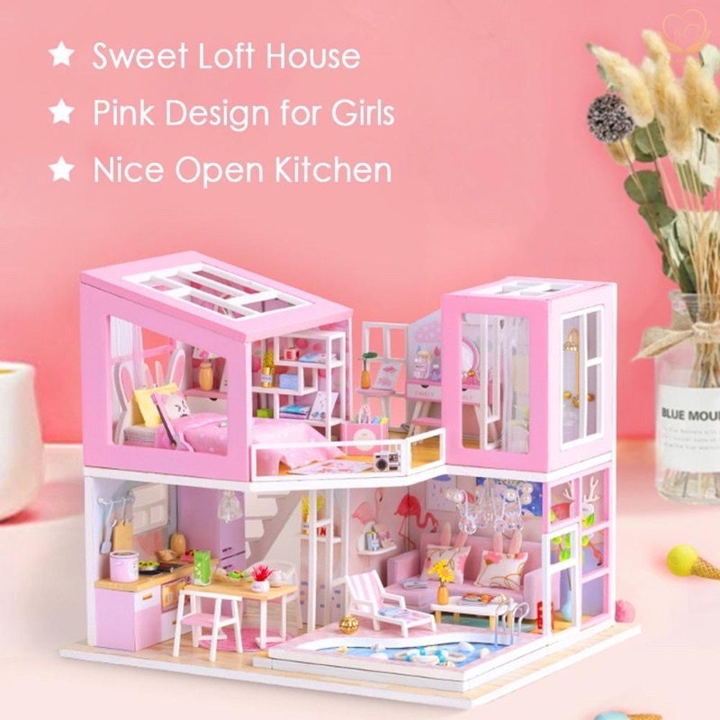 Mô hình nhà gỗ diy tự lắp ghép M915 Biệt thự 2 tầng màu hồng (có mika ,keo,đèn)