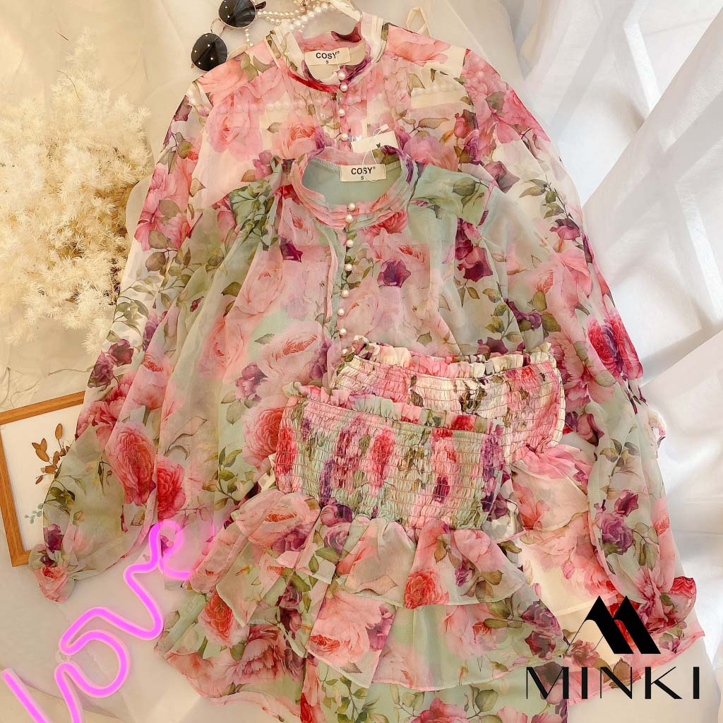 SET ÁO VOAN HOA KÈM LÓT CHÂN VÁY NHÚN - CHẤT LIỆU VOAN CAO CẤP - MÀU XANH / HỒNG | BigBuy360 - bigbuy360.vn