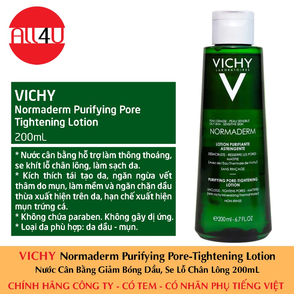 [CHÍNH HÃNG CÓ TEM] VICHY Normaderm Purifying Pore Tightening Lotion 200mL - Lotion Giảm Bóng Dầu, Se Lỗ Chân Lông.