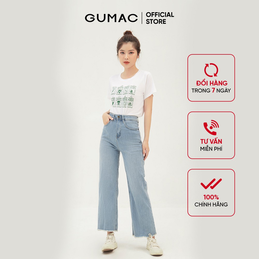 Áo thun nữ in hình vuông GUMAC phong cách basic màu trắng ATB356