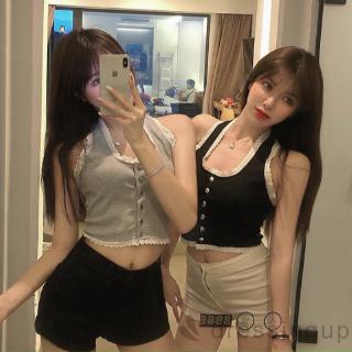 D❃♪Áo Crop Top cổ dây buộc ren phía trước dành cho nữ