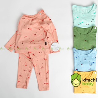 Bộ Dài Tay Cho Bé Gái, Bé Trai KIMCHIBABY Vải Thun Lạnh Cài Vai Họa Tiết Dễ Thương, Bộ Quần Áo Trẻ Em Minky Mom KW2107