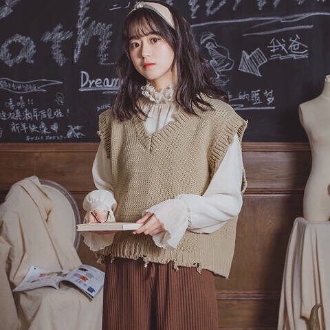 Áo Sweater Dệt Kim Không Tay Cổ Chữ V Phối Ren Xinh Xắn Theo Phong Cách Xuân Thu Hàn Quốc | BigBuy360 - bigbuy360.vn