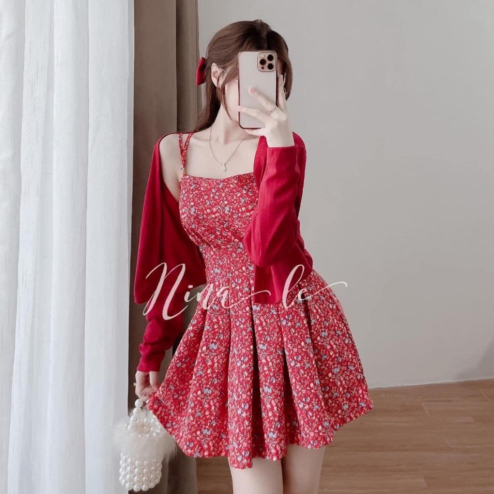 [ 𝐅𝐑𝐄𝐄 𝐒𝐇𝐈𝐏 ] Set váy áo cardigan đỏ mix váy hoa nhí xòe 2 dây