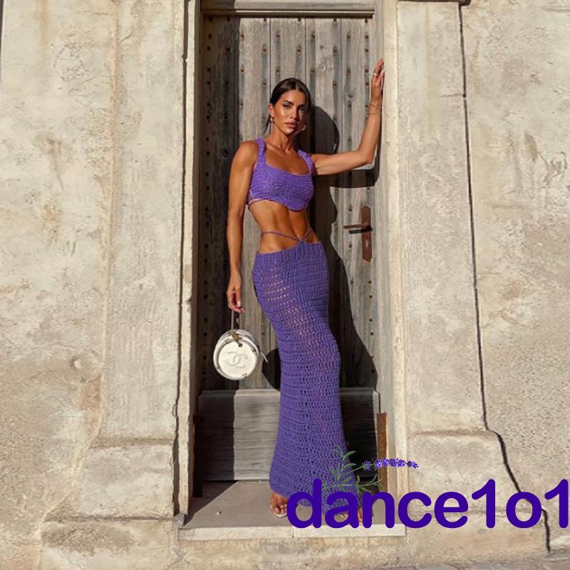 dance1o1-Bộ áo lửng hai dây và chân váy dài dệt kim cho nữ