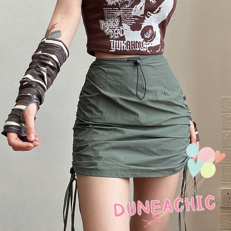 DUNEA Chân Váy Xếp Ly Lưng Cao Phối Dây Rút Thời Trang Cho Nữ