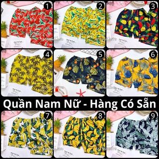 Quần đi biển - dưa hấu thơm chuối trái đào lá cây - quần đôi nhóm lớp team building - hoạ tiết trái cây lá cây hawaii