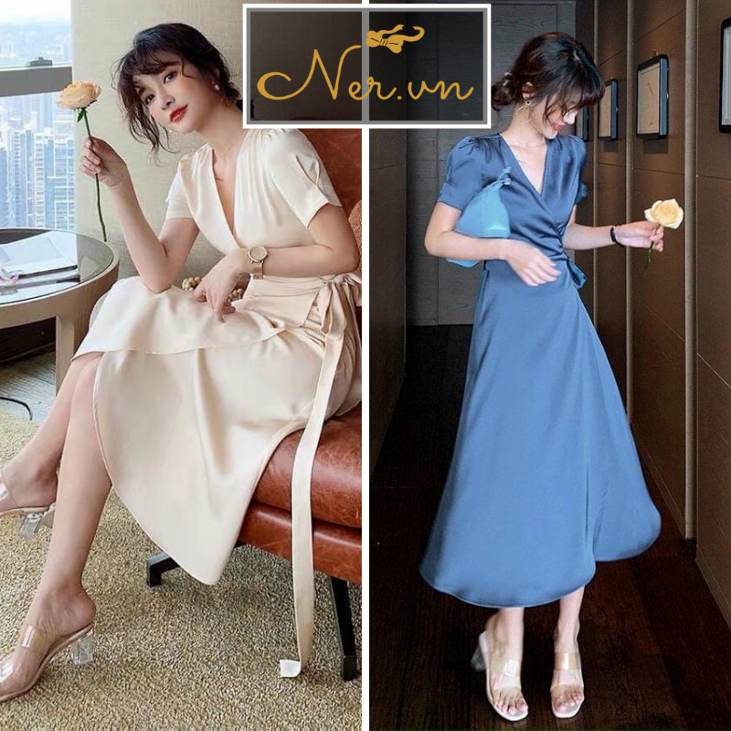 Đầm Xòe Dự Tiệc, Cổ Chéo chữ V, chất Lụa cao cấp, Dáng dài, hàng đẹp cao cấp 2021 tại xưởng may NER- N111