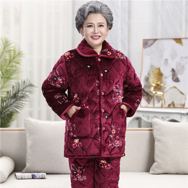 Bộ đồ ngủ mùa đông cho người mẹ trung niên và cao tuổi dày mặc ở nhà của phụ nữ cộng với kích cỡ