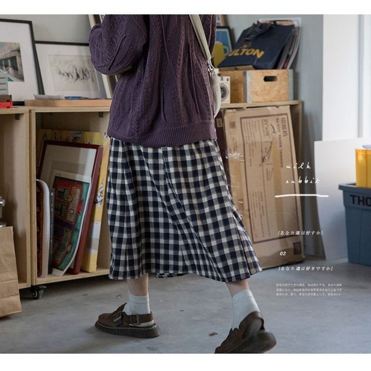 [Quà tặng dây buộc tóc bạn nhé]  Chân váy dài chất vải thô Quảng Châu dáng suông vintage kẻ ô vuông phong cách Hàn Quốc