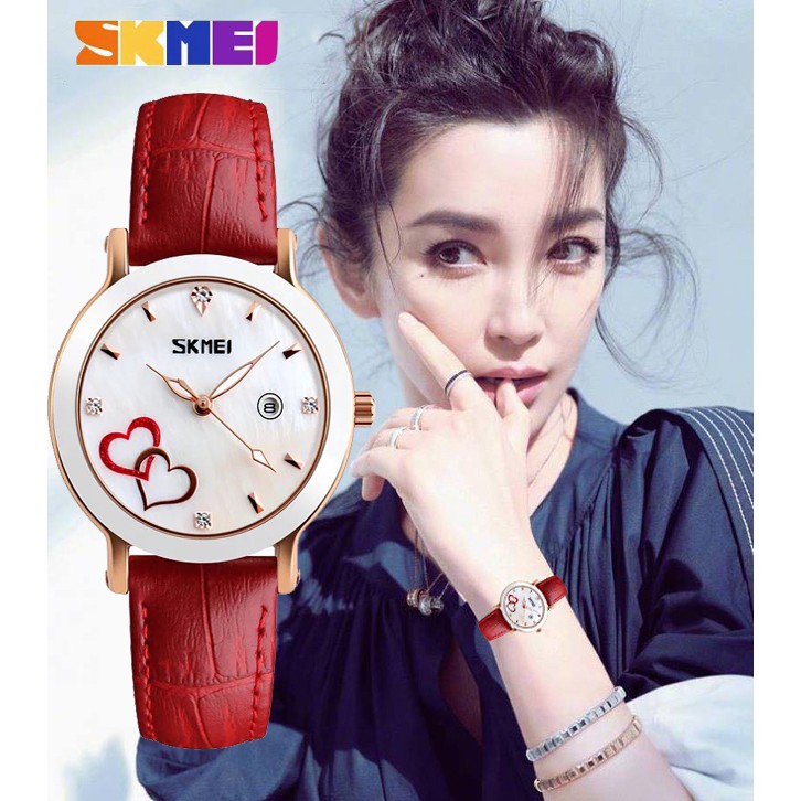Đồng hồ nữ SKMEI dây da cao cấp, mặt trái tim nổi điệu đà, quý phái